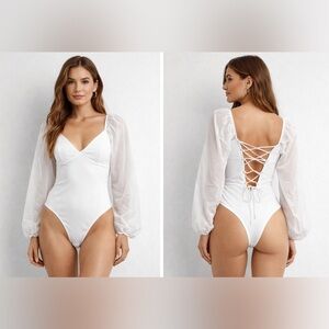 White Lace-Up Back Sheer Sleeve Bodysuit